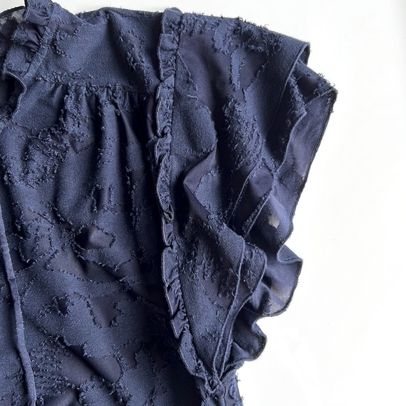 Navy bow tie ruffle neck and ruffle flutter sleeves, lacy design - Picture 2 of 8